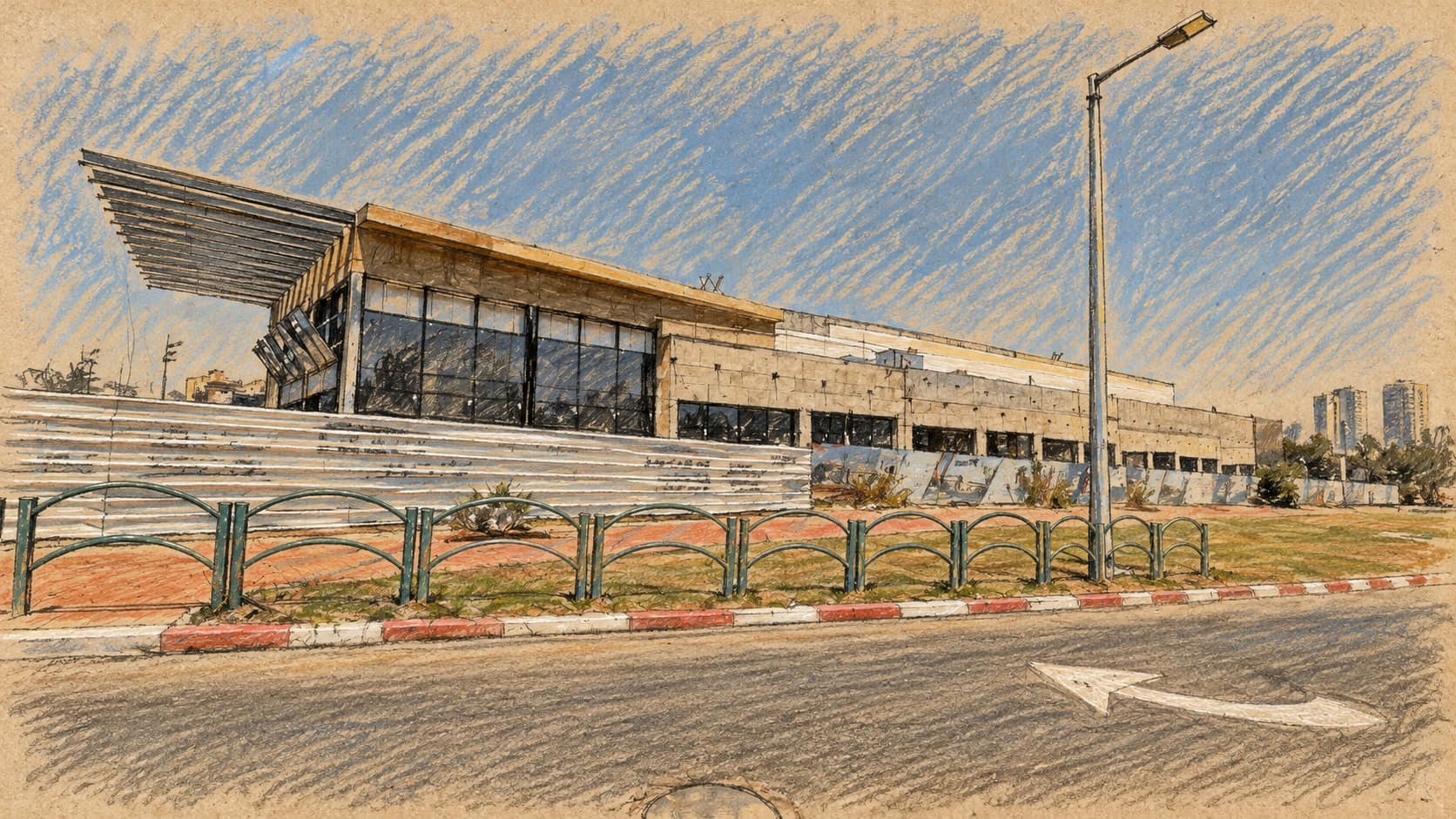 Courtroom-sketch editorial illustration of Ashkelon's central bus station under construction in June 2025, used as archival context for city transport planning.