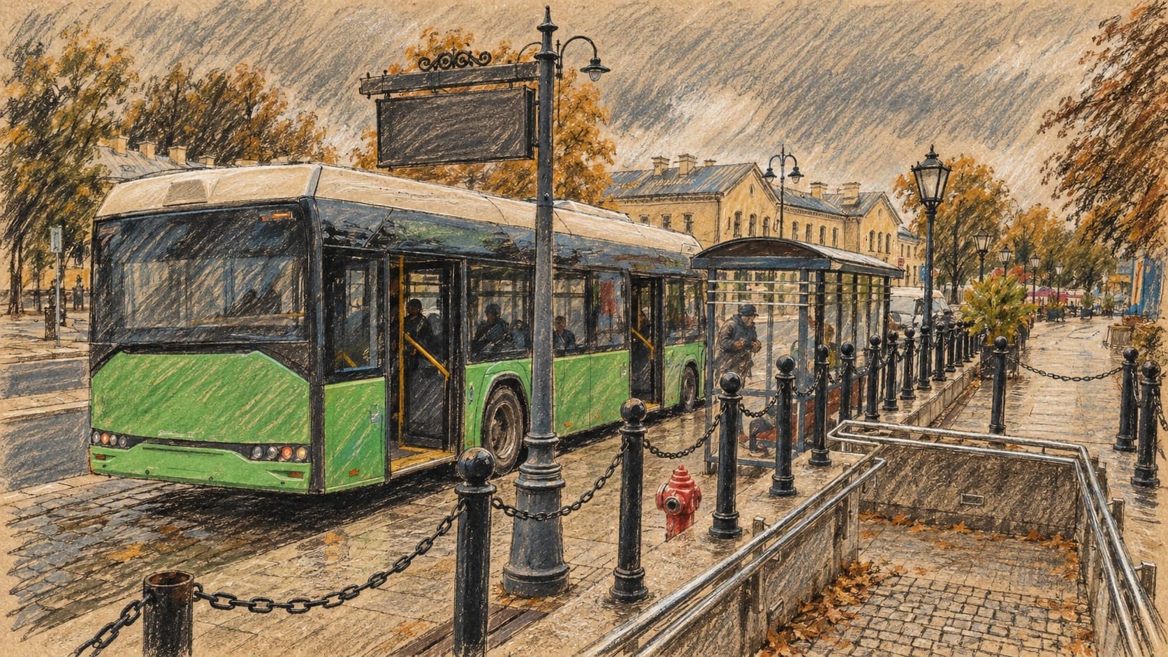 Courtroom-sketch editorial illustration of an archival electric city bus at a stop in Piotrków Trybunalski, Poland, with a shelter, street lamps and stair railings; contextual bus-market imagery.