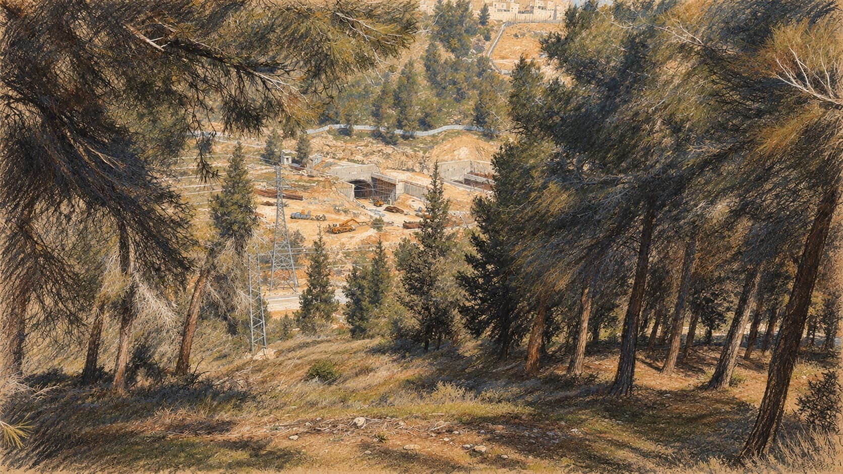 Courtroom-sketch editorial illustration of an archival March 2020 view through pine trees toward Har Nof tunnel construction in Jerusalem, providing infrastructure-sector context for the proposed IPO