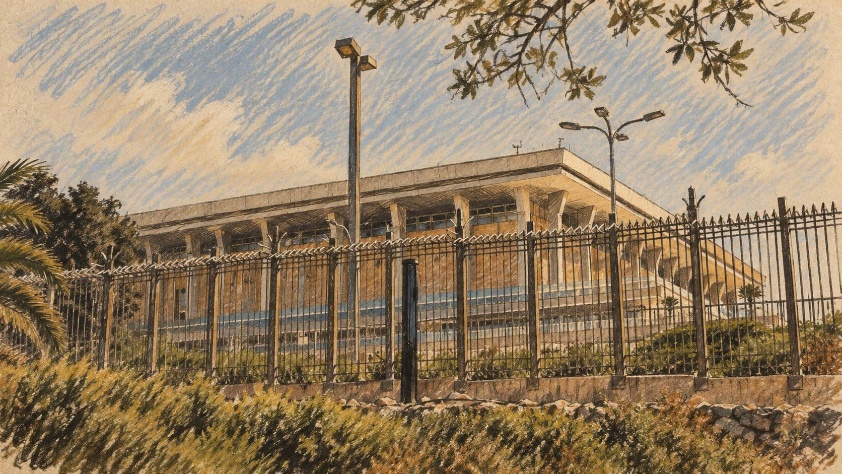 Courtroom-sketch editorial illustration of the Knesset parliament building behind an iron fence, shrubs and street lamps, based on an archival 2018 exterior photograph for institutional context.