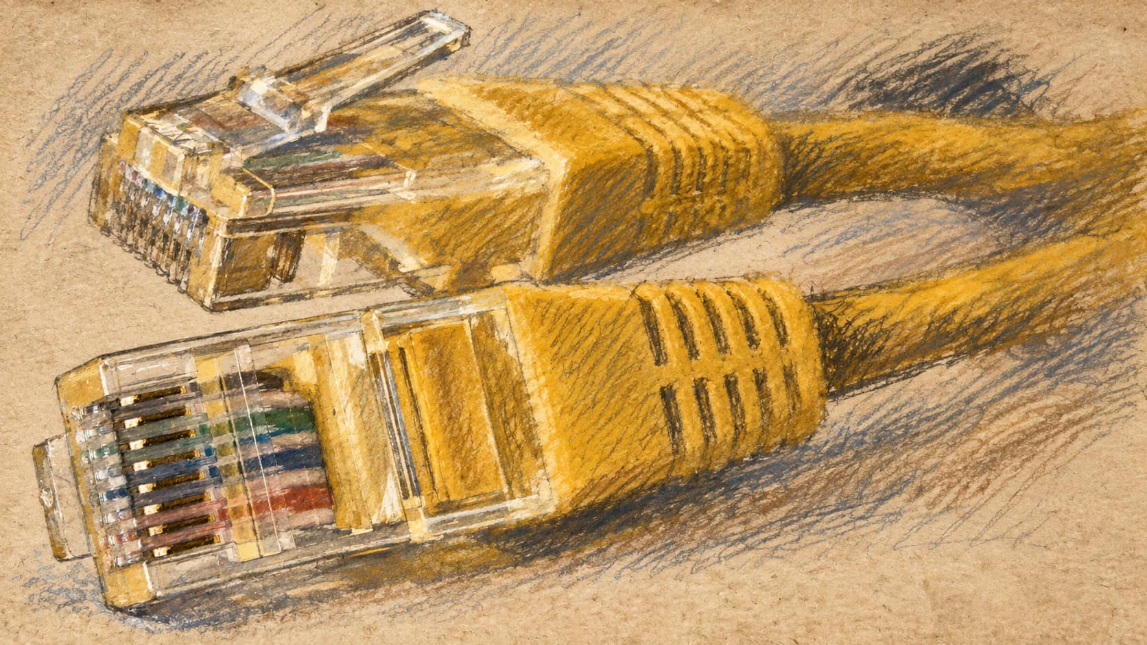 Courtroom-sketch editorial illustration of two yellow Ethernet cable connectors; contextual network imagery, not Colmobil equipment or a depiction of the incident.