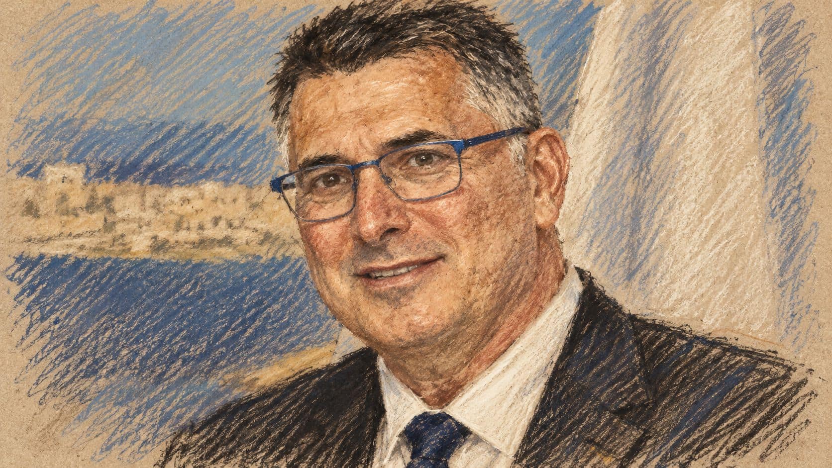 Courtroom-sketch editorial illustration of Gideon Sa’ar in an archival portrait.