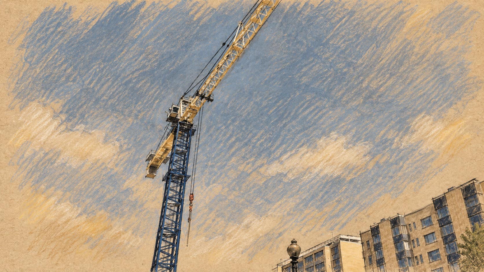 Courtroom-sketch editorial illustration of an archival construction crane and building, used as general construction context