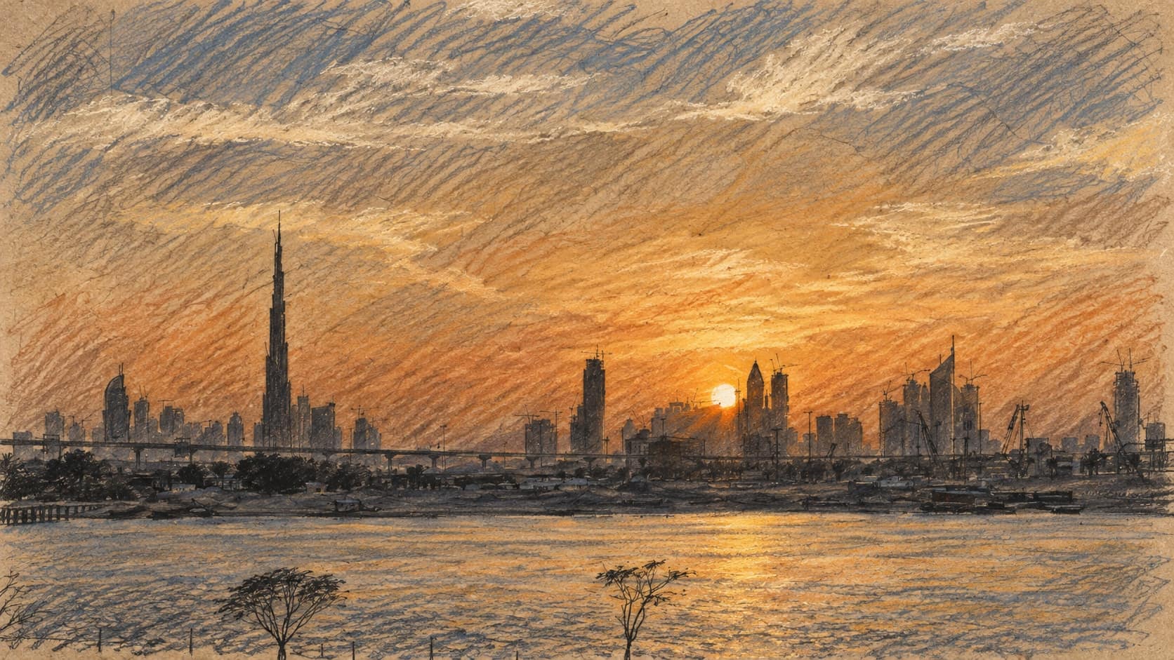 Courtroom-sketch editorial illustration of an archival February 2009 view of Dubai’s skyline across water from Festival City at sunset, with the Burj Khalifa silhouette, distant towers and cranes, and small foreground trees, rendered in warm ochre and slate-blue pastel strokes; geographic context, not a depiction of the GenDubAI launch or the city’s current skyline.