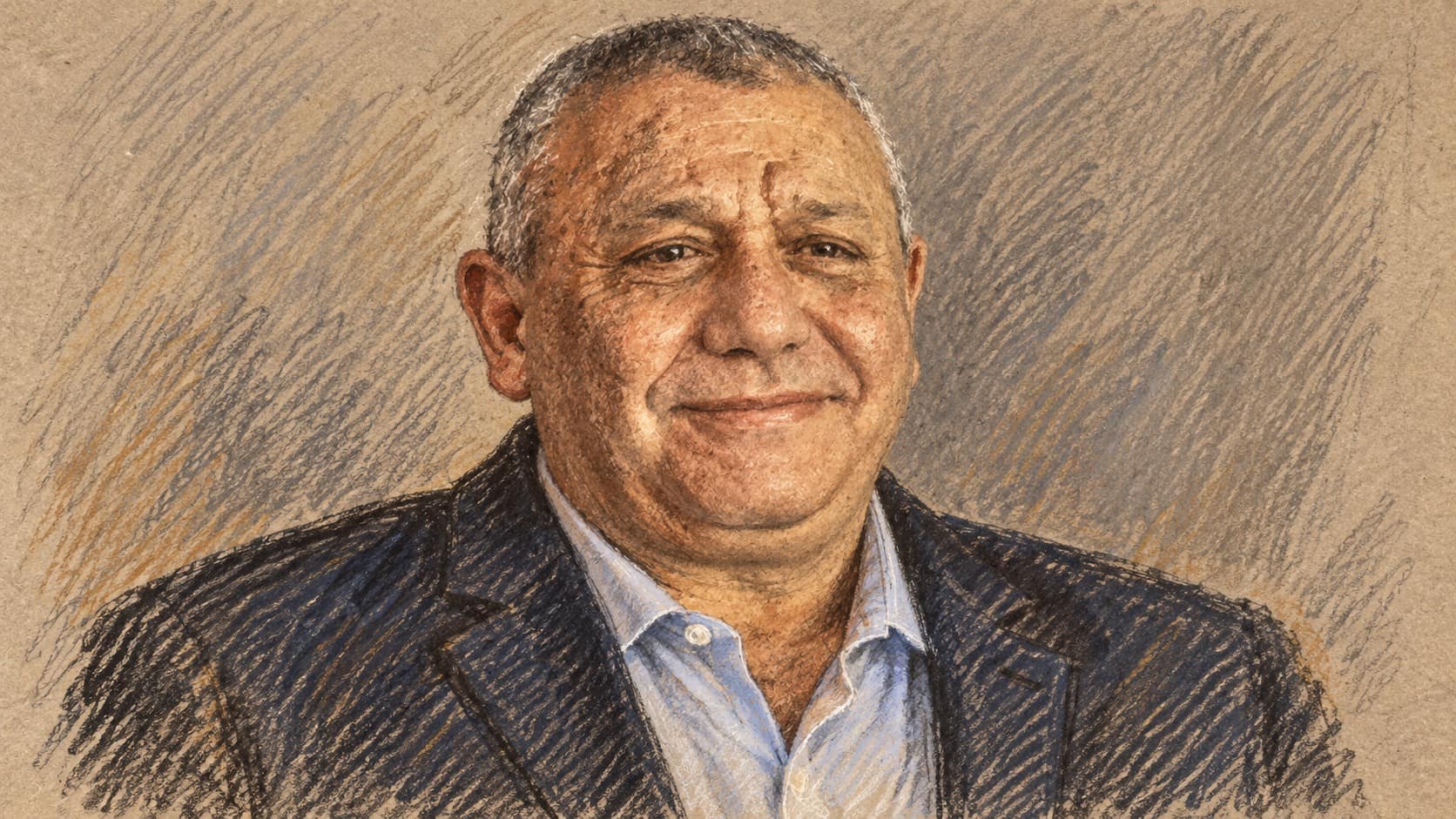 Courtroom-sketch editorial illustration of Gadi Eisenkot in a dark civilian jacket and light blue open-collar shirt, an archival contextual portrait from February 2024.