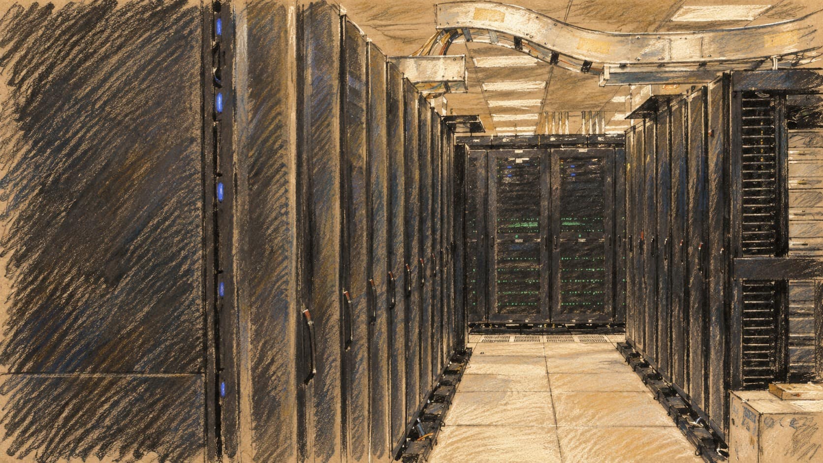 Courtroom-sketch editorial illustration of server racks and overhead cable rails at NERSC in 2011; archival computing-infrastructure context for the reported Israeli electricity proposal