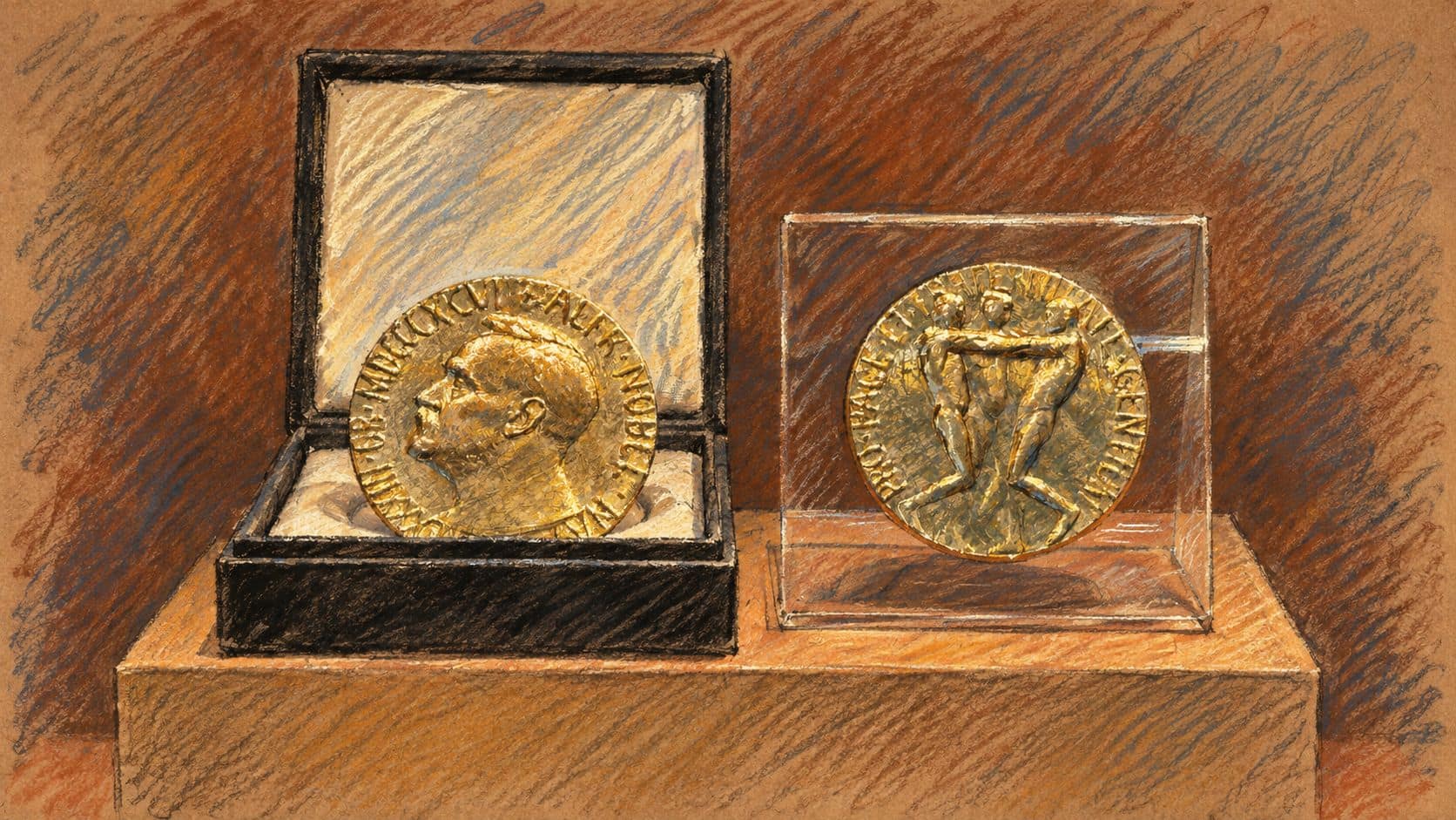 Courtroom-sketch editorial illustration of an archival museum display of Nobel Peace Prize medal faces in a presentation case and clear stand