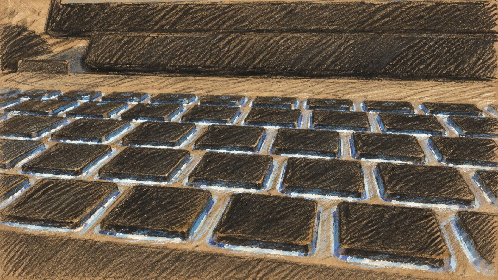 Courtroom-sketch editorial illustration of an archival close-up of an illuminated laptop keyboard; contextual image for online documentary access, not a depiction of its removal or restoration