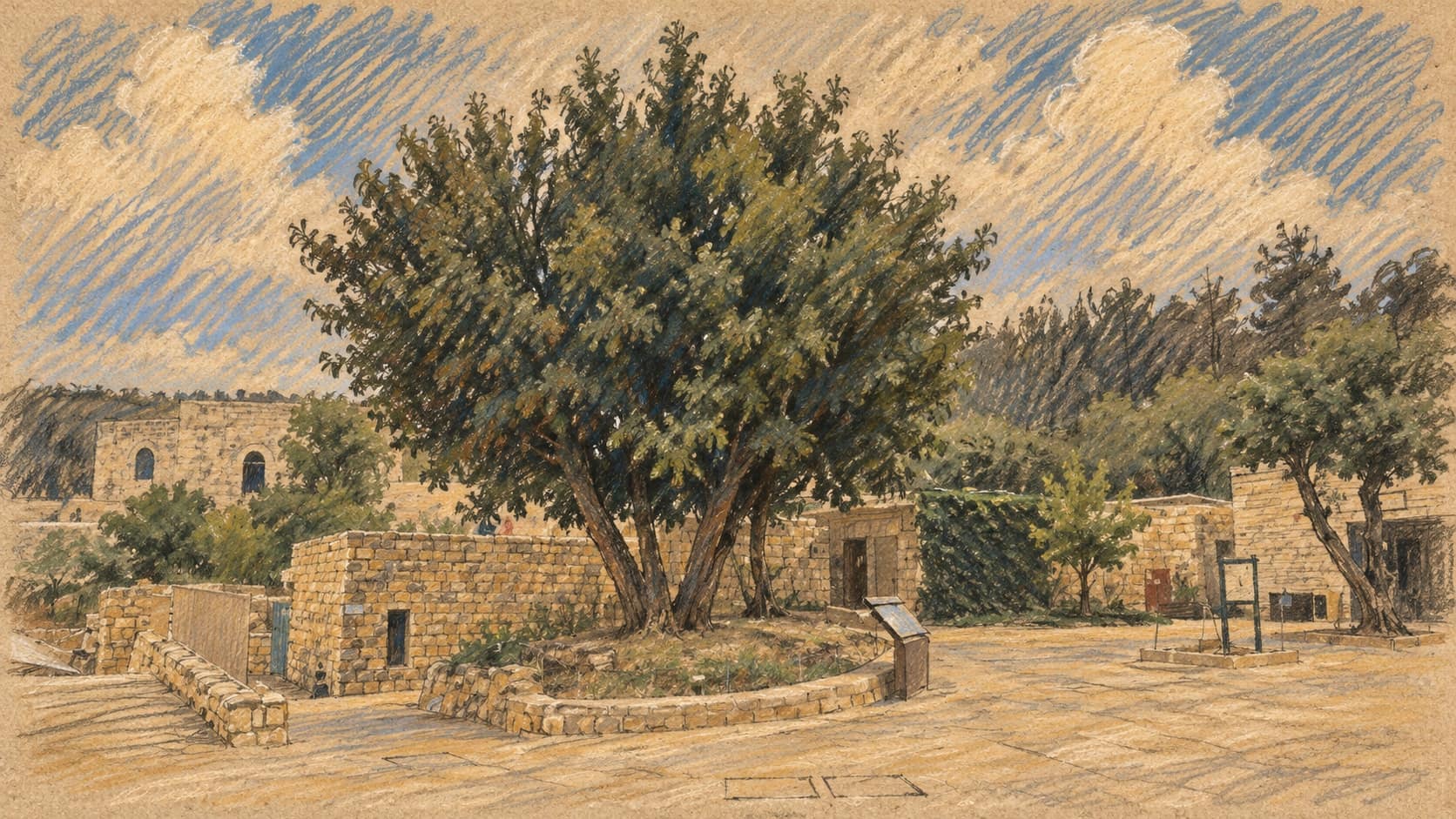 Courtroom-sketch editorial illustration of an archival view of the empty historic Shaar HaGai caravanserai courtyard, contextual to Highway 1 and not depicting the reported detention