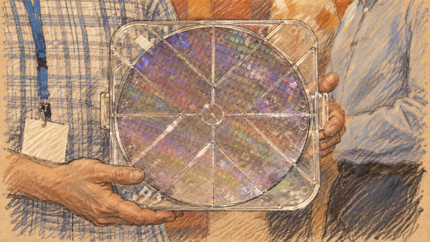 Courtroom-sketch editorial illustration of hands holding a silicon wafer in a protective case at an archival 2008 semiconductor presentation in Warsaw, rendered in warm ochre and slate-blue pastel strokes; semiconductor context, not a depiction of GlobalFoundries or the proposed New York fabs.