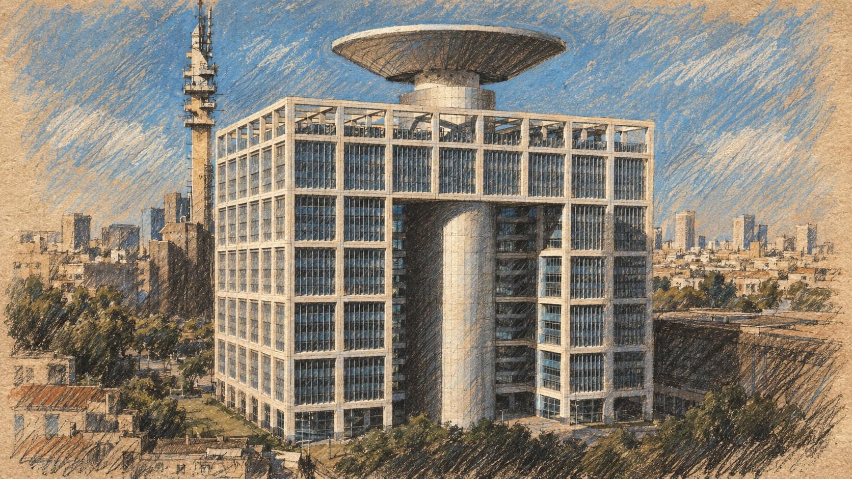 Courtroom-sketch editorial illustration of an archival 2009 exterior view of the Ministry of Defense Matcal Tower in Tel Aviv; institutional context for the reported procurement allocation, not a depiction of the telephone vote