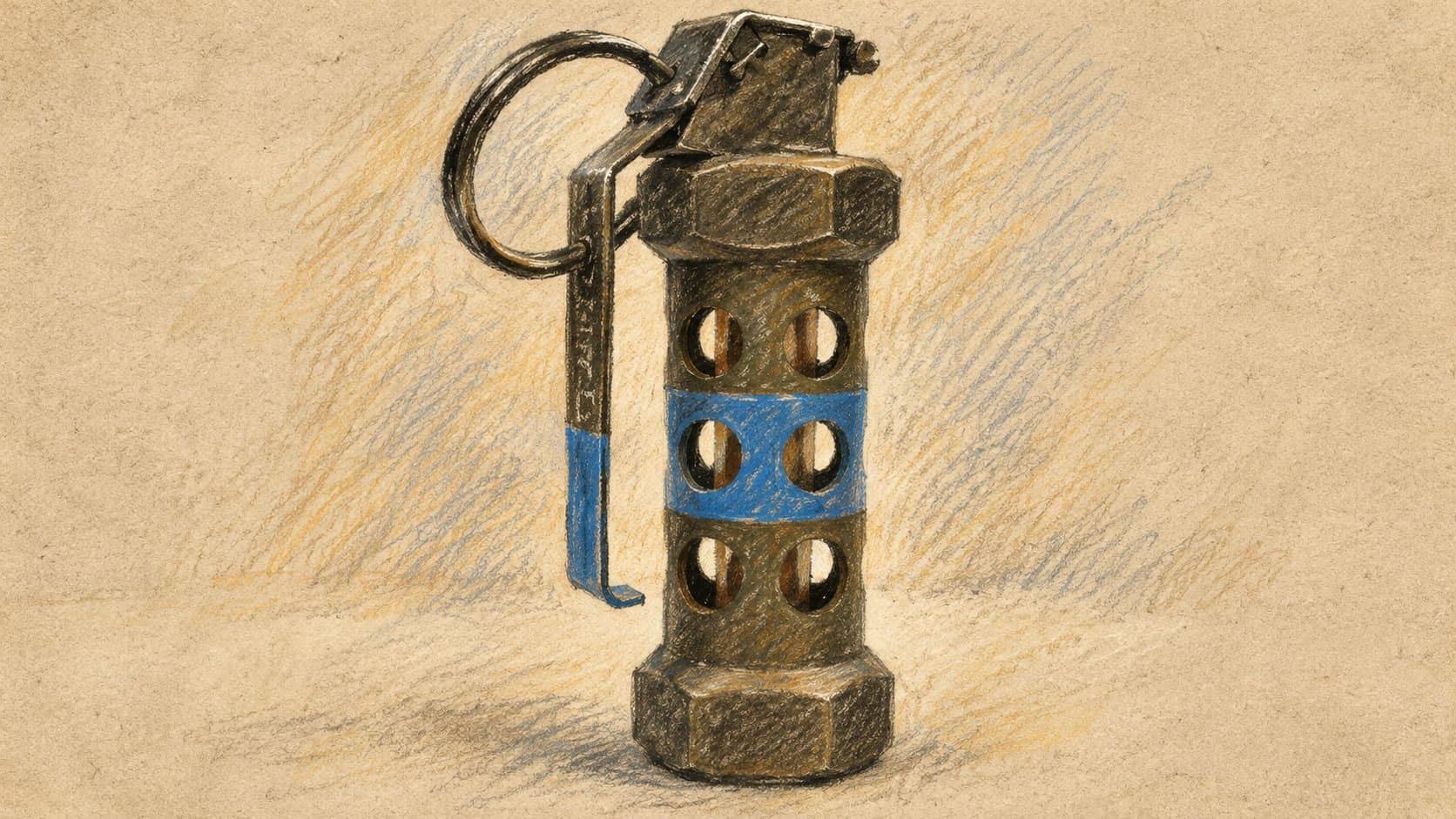 Courtroom-sketch editorial illustration of an archival U.S. M84 stun grenade with its safety lever and pull ring on a neutral backdrop; contextual object imagery, not the device used in Elad.
