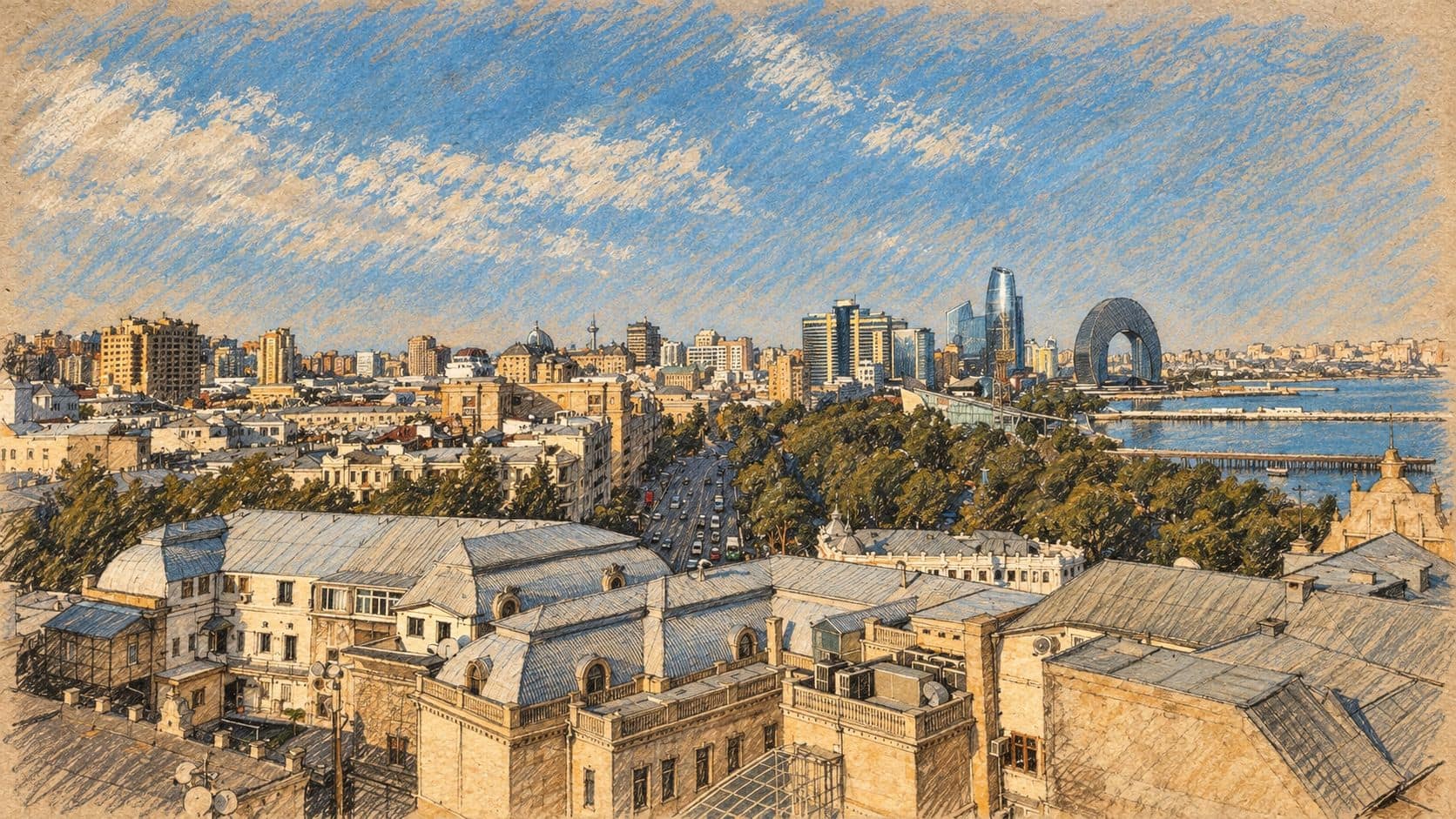 Courtroom-sketch editorial illustration of an archival Baku skyline with historic rooftops and the Caspian waterfront