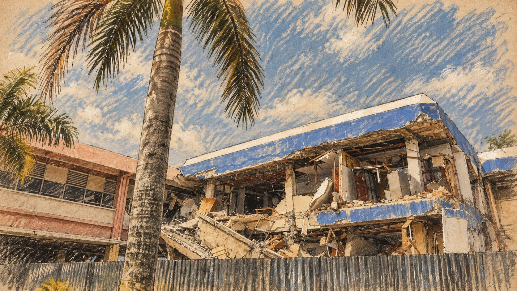 Courtroom-sketch editorial illustration of the earthquake-damaged Djamil Hospital in Padang, Indonesia, in 2009, used as archival context for hospital earthquake preparedness