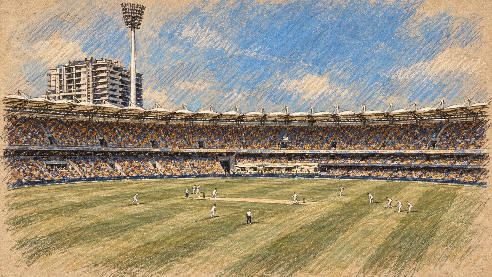 Courtroom-sketch editorial illustration of a wide cricket stadium and players on the field, based on a 2024 Australia-West Indies match at The Gabba in Brisbane; contextual imagery, not the Hyderabad match, rendered in warm ochre and slate-blue pastel strokes.