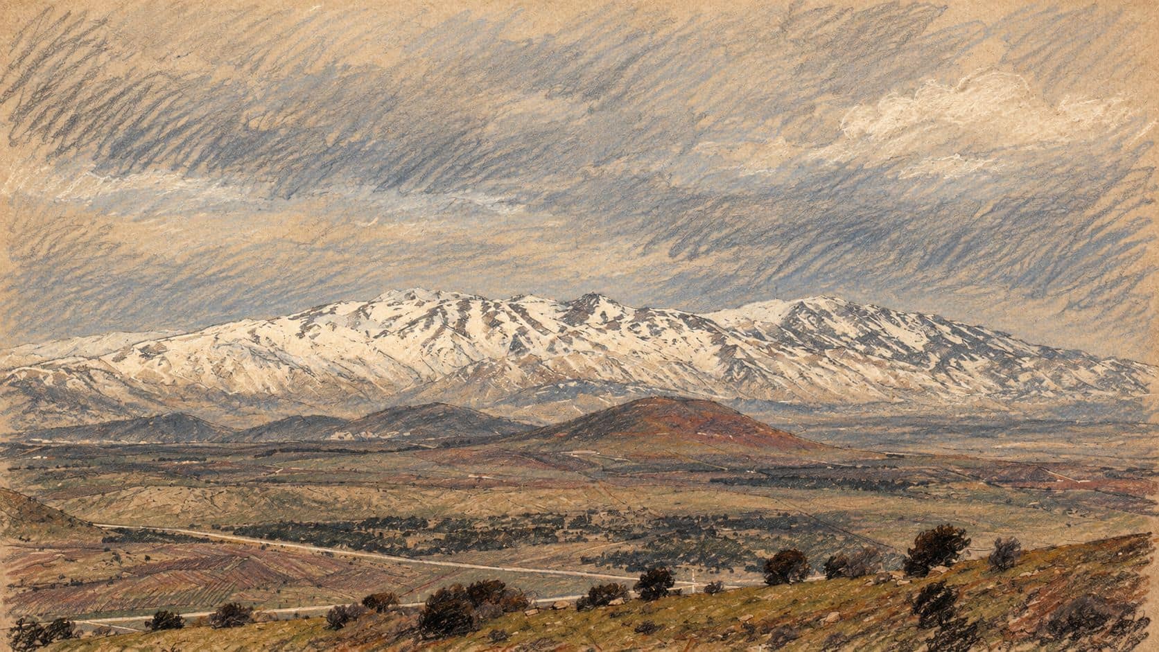 Courtroom-sketch editorial illustration of an archival landscape of snow-covered Mount Hermon viewed from Mount Bental, with rural hills and fields in the foreground