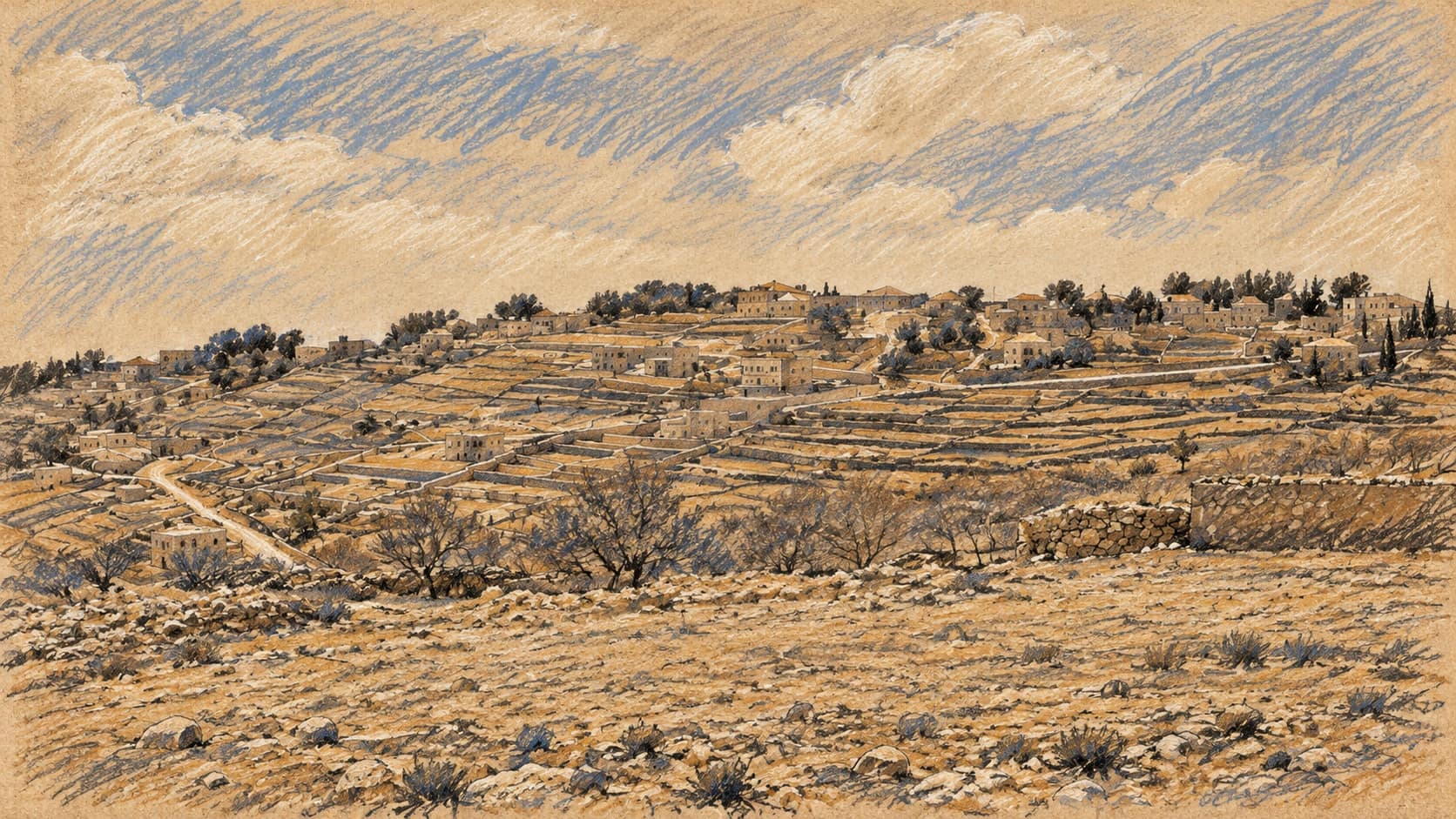 Courtroom-sketch editorial illustration of terraced fields and stone walls near Ramallah, based on an archival 1953 landscape photograph; contextual artwork rather than a depiction of the disclosed raids.