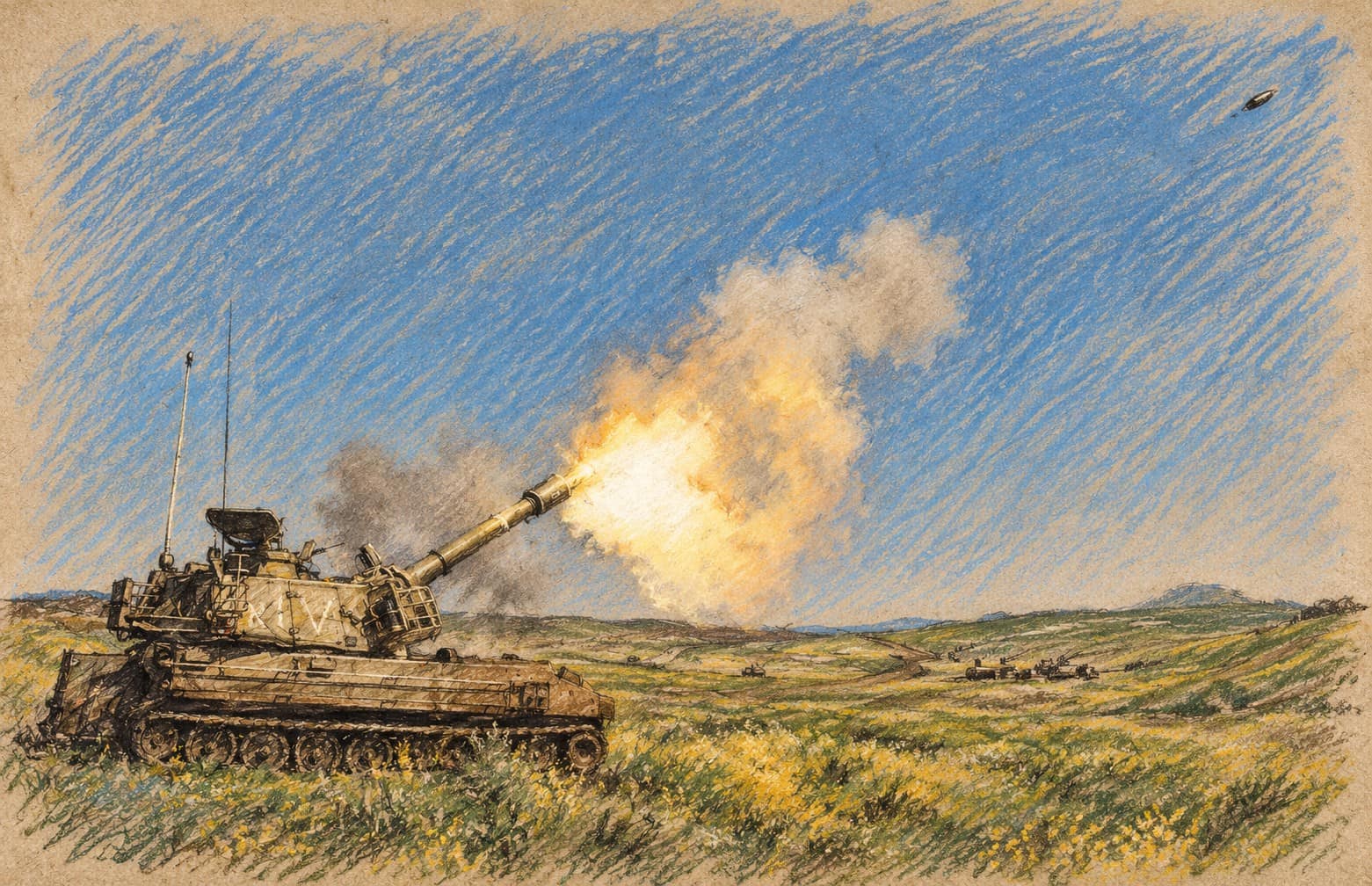 Courtroom-sketch editorial illustration of an Israeli M109 howitzer firing during a 2013 training exercise; archival context, not the reported October 2026 event