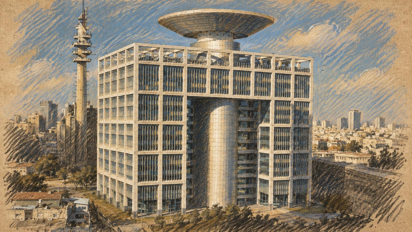 Courtroom-sketch editorial illustration of an archival 2009 view of Matcal Tower at Israeli defense headquarters in Tel Aviv, with its grid facade, round roof and antenna; institutional context, not a depiction of the October 2026 conference or its venue.