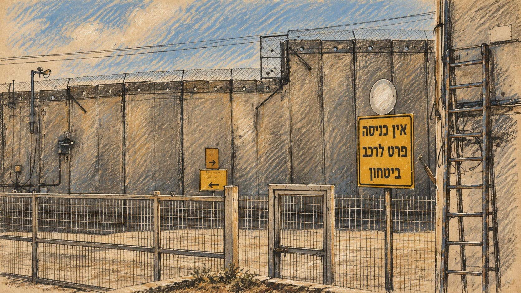 Courtroom-sketch editorial illustration of an archival November 2023 view of Erez crossing at the northern Gaza border, showing concrete walls, pedestrian gates, yellow signs and a ladder; contextual location art rather than the October 2026 operation.
