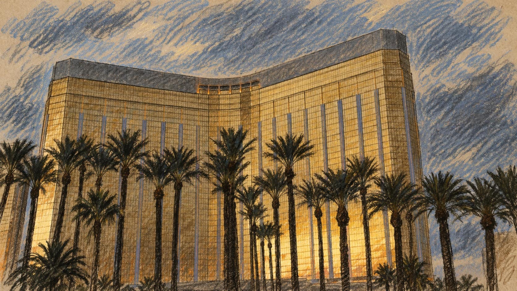 Courtroom-sketch editorial illustration of Mandalay Bay hotel in Las Vegas with palm trees, based on an archival October 2012 photograph; venue context for IMEX America