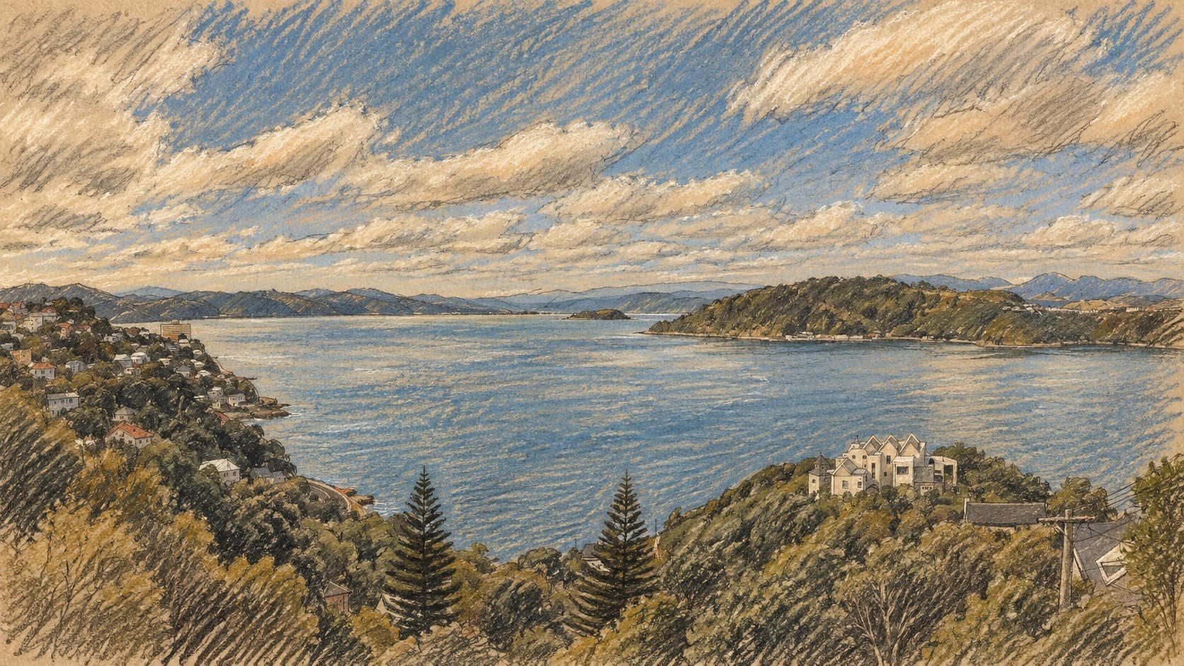 Courtroom-sketch editorial illustration of Wellington Harbour seen from Roseneath, with residential hills, blue water and distant green hills, an archival contextual view of the city where overseas voting began.