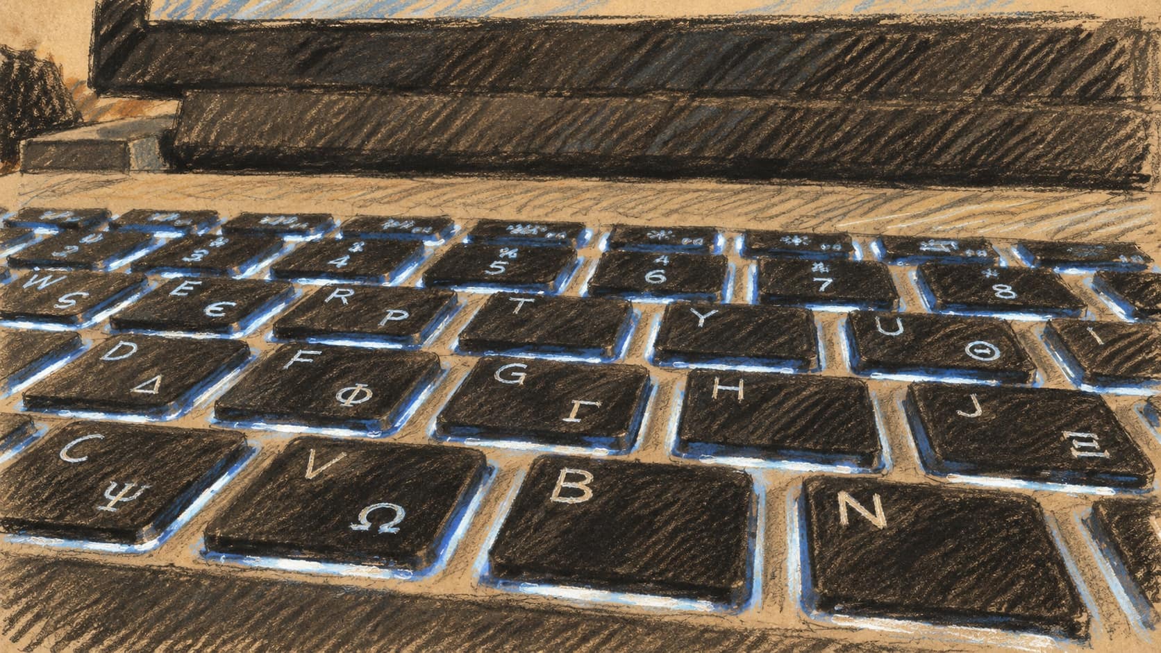 Courtroom-sketch editorial illustration of a backlit laptop keyboard shown in an archival close-up; contextual computer-security imagery