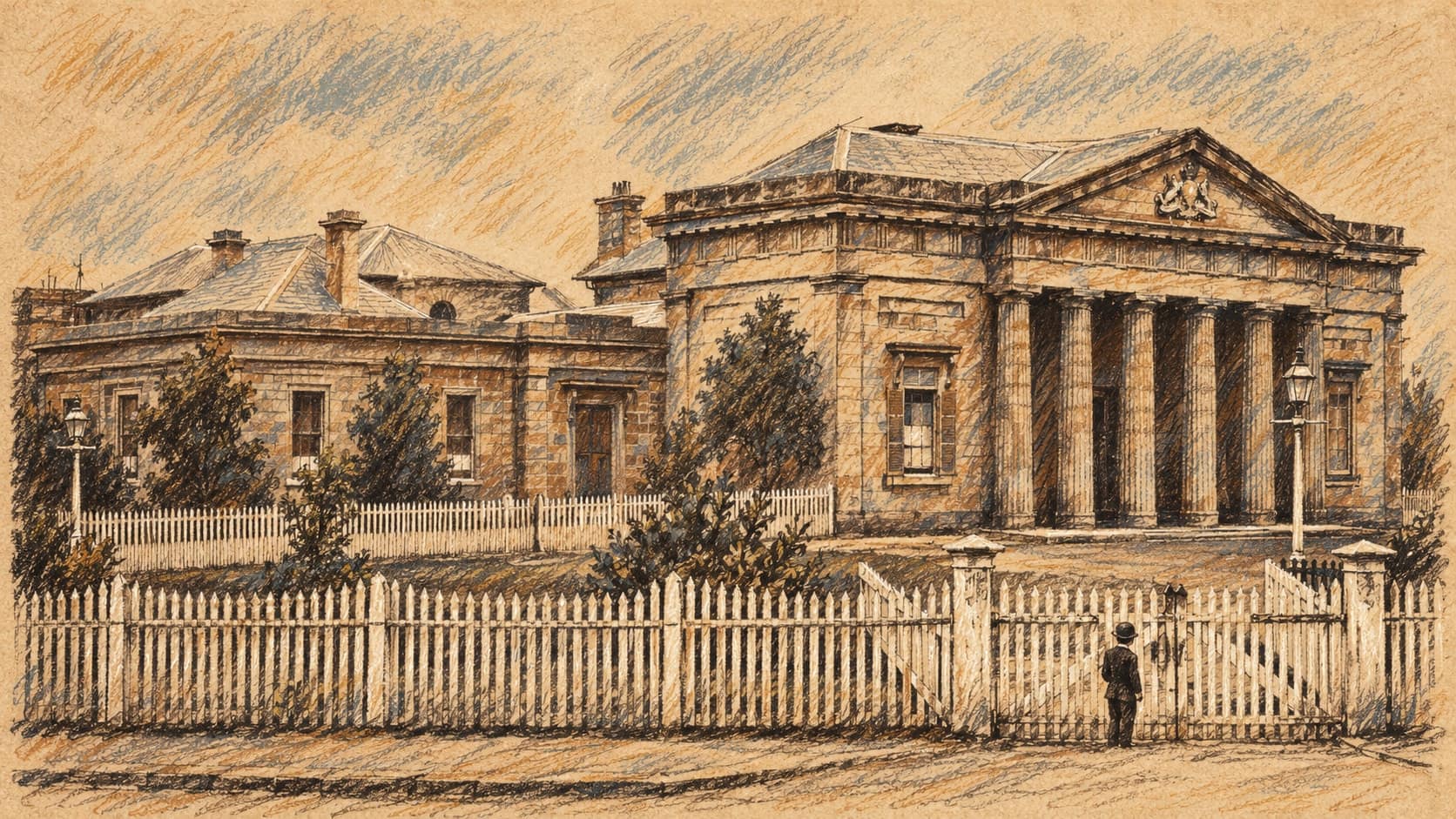 Courtroom-sketch editorial illustration of an archival 1872 exterior view of Darlinghurst Court House, with its columned entrance, white picket fence and a small figure by the gate; institutional context, not a depiction of the October 2026 trial or crime-scene reconstruction, rendered in warm ochre and slate-blue pastel strokes.