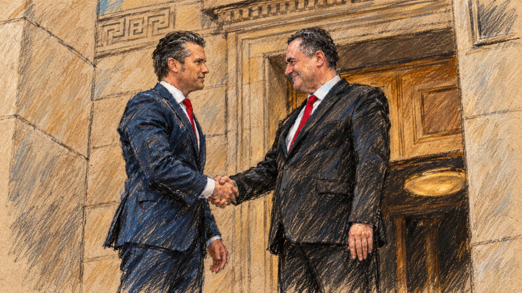 Courtroom-sketch editorial illustration of Israel Katz and Pete Hegseth shaking hands at a Pentagon stone doorway, based on an archival July 18, 2025 photograph; contextual portrait for Katz’s warning, not a depiction of his Lebanon visit.