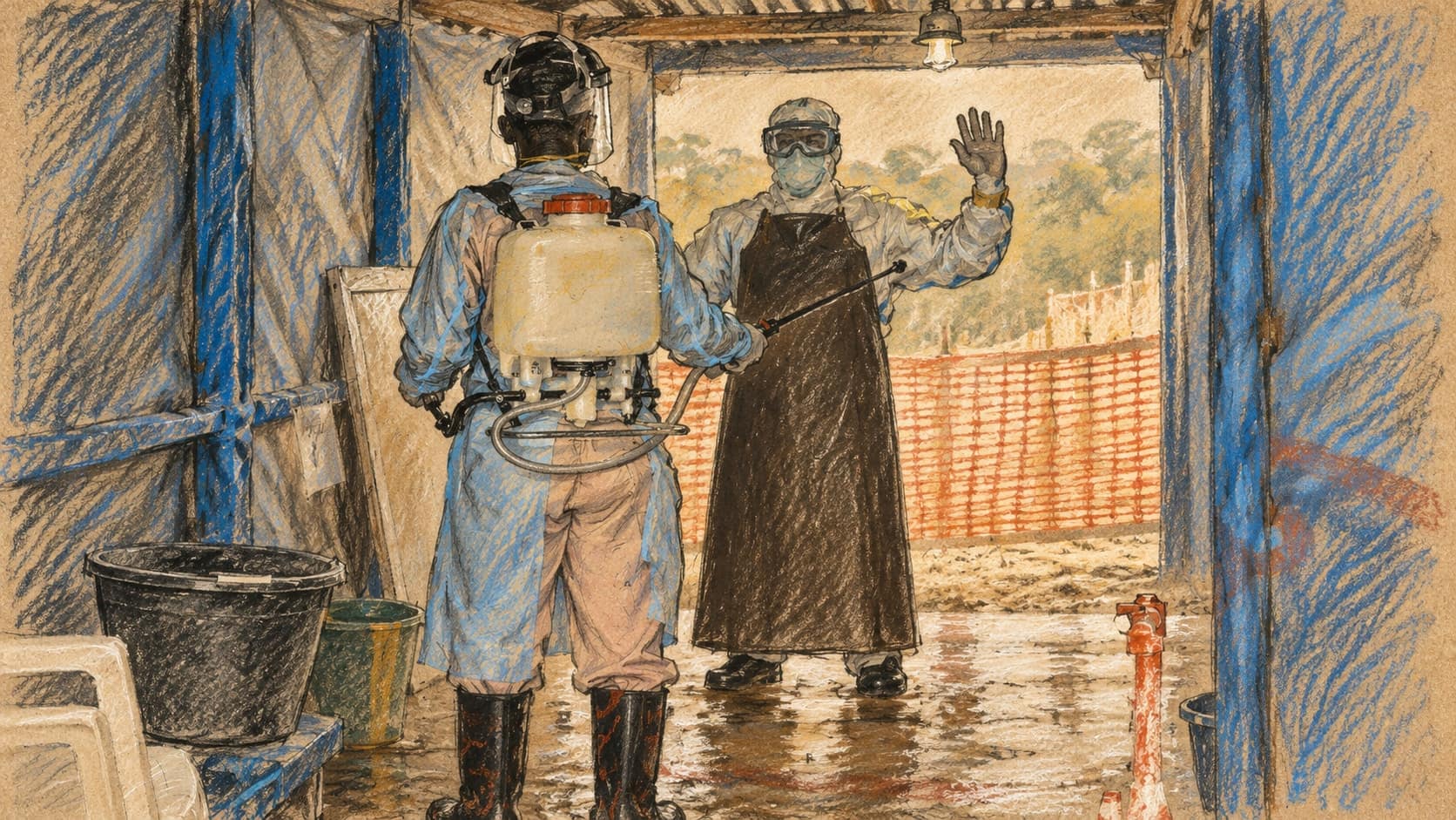 Courtroom-sketch editorial illustration of two healthcare workers in protective clothing at an Ebola decontamination shelter, based on an archival 2014 photograph from Suakoko, Liberia, rendered in warm ochre and slate-blue pastel strokes; contextual illustration, not the current Kenyan cases.