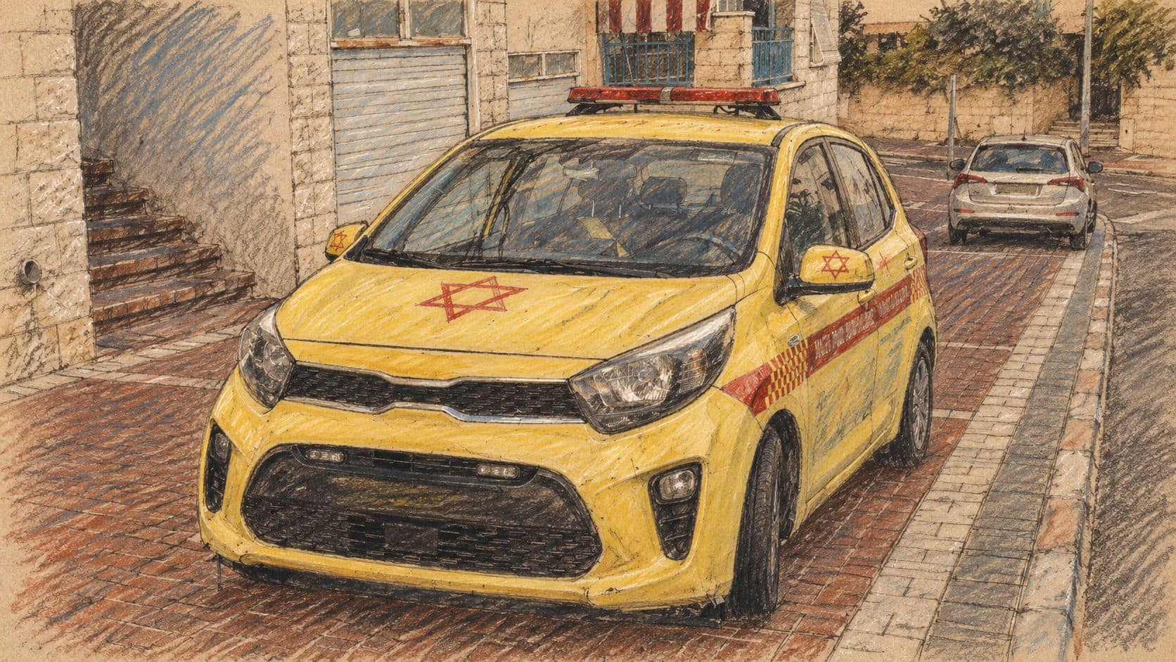 Courtroom-sketch editorial illustration of an archival yellow Magen David Adom rapid-response vehicle parked beside a stone residential building, with a silver car farther behind; contextual emergency-service scene rather than the October 14 crash.
