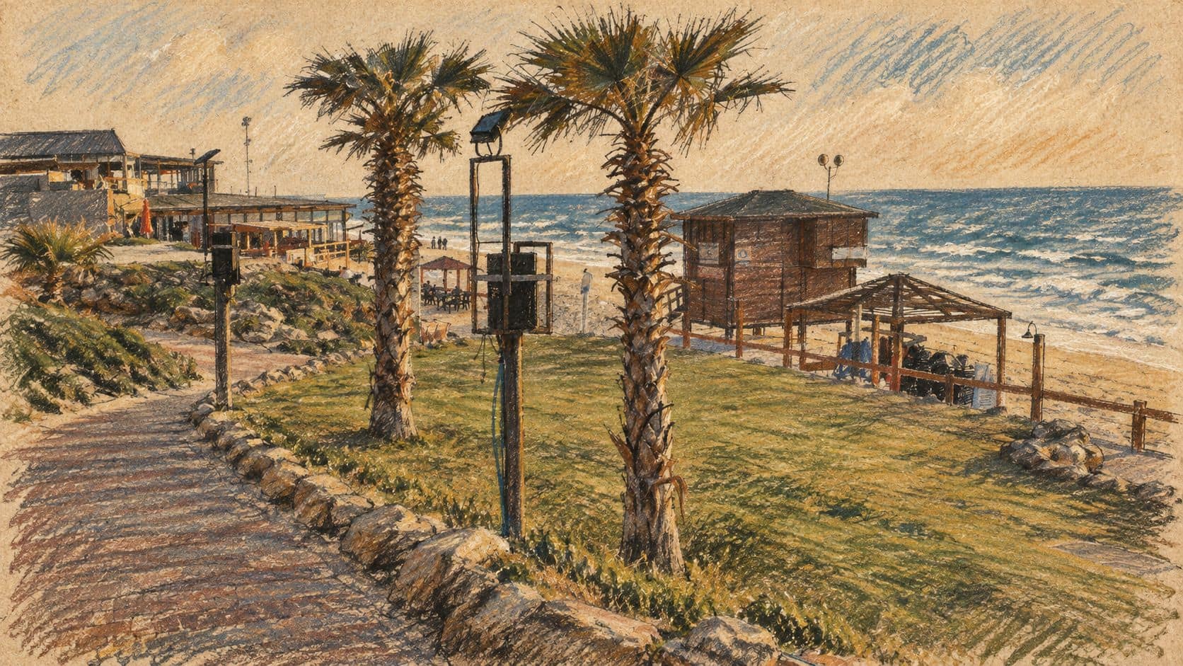 Courtroom-sketch editorial illustration of an archival Bat Yam beachfront promenade, with palms, a grassy terrace and the Mediterranean Sea, providing city context for the rehabilitation ward story.