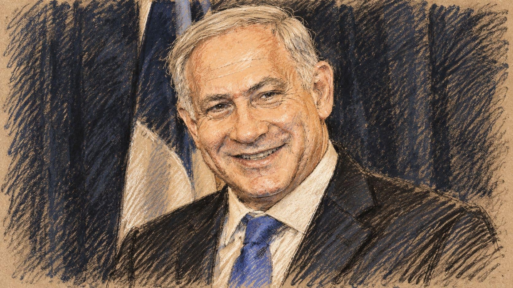 Courtroom-sketch editorial illustration of Benjamin Netanyahu in a dark suit and blue tie, based on an archival 2012 portrait; contextual artwork rather than a depiction of his October 2026 statement or the October 7 attack.