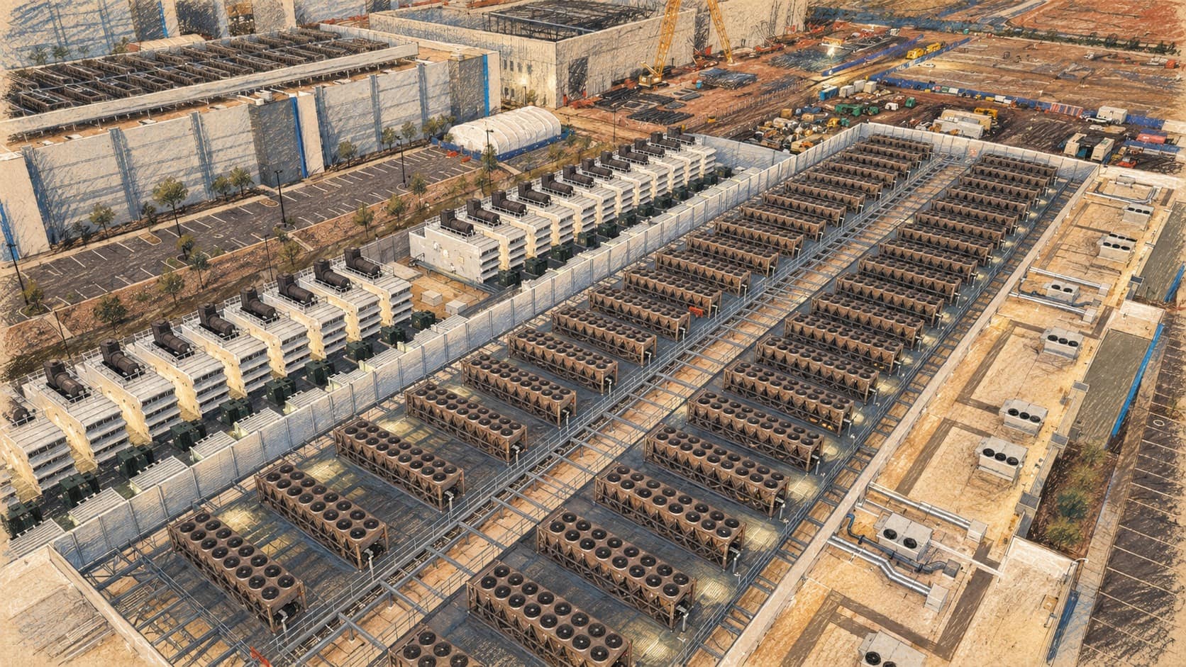 Courtroom-sketch editorial illustration of an archival Arizona data-center rooftop with rows of cooling units and backup generators, used as infrastructure context for the reported cloud-region plan.