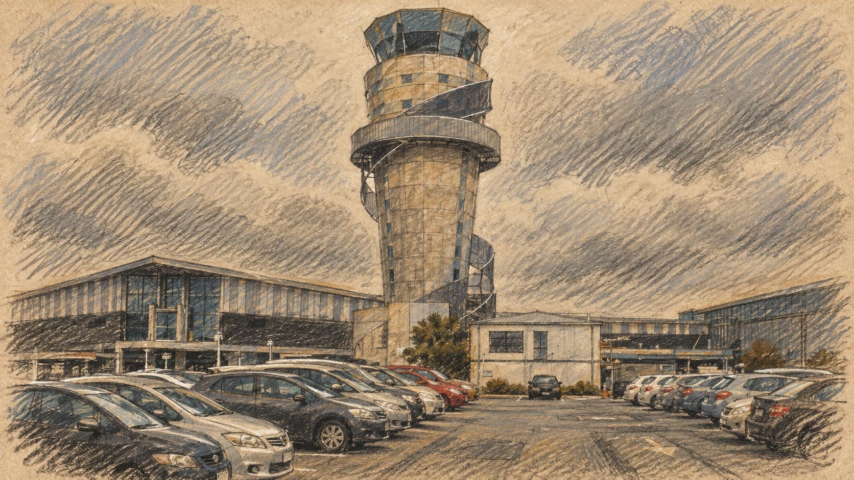Courtroom-sketch editorial illustration of Christchurch Airport’s spiral control tower above low terminal buildings and parked cars, based on an archival May 2011 photograph, rendered in warm ochre and slate-blue pastel strokes; contextual airport-area imagery, not the proposed Costco store or its vacant site.
