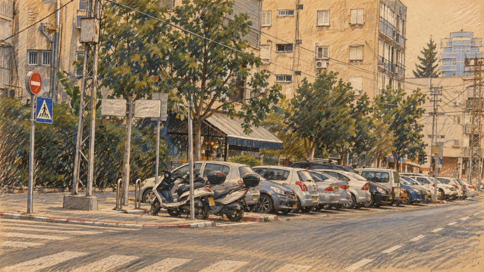 Courtroom-sketch editorial illustration of a Tel Aviv residential street corner, based on an archival May 2016 photograph; contextual city view rather than the collapse site