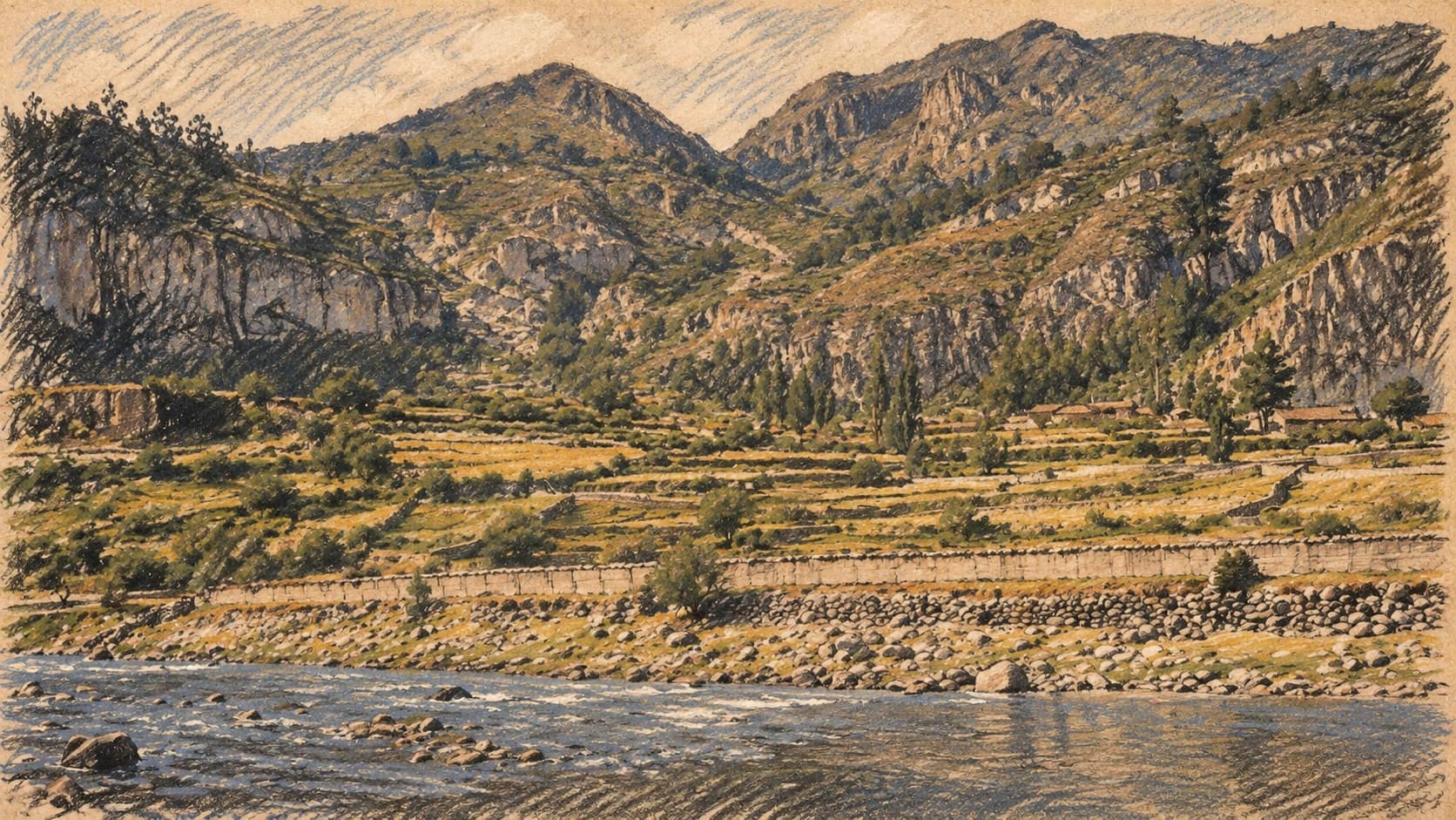 Courtroom-sketch editorial illustration of an archival view of the Sondondo River in Ayacucho, Peru, with stone-lined agricultural terraces, trees and rugged mountain slopes, rendered in warm ochre and slate-blue pastel strokes; regional context, not a depiction of the October 2026 wildfires.