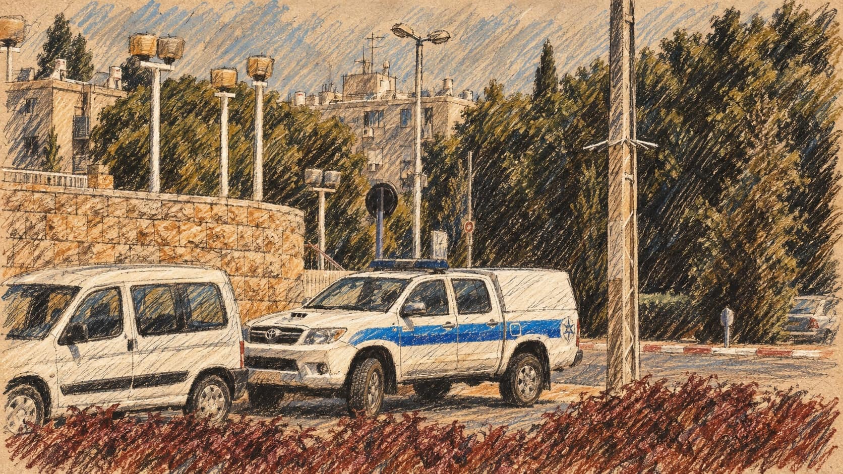 Courtroom-sketch editorial illustration of an Israel Police pickup beside a white van in Akko in August 2011; archival contextual vehicle scene rather than the Jerusalem operation or arrests.