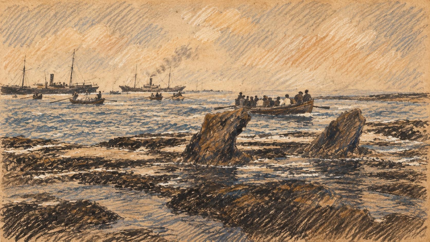 Courtroom-sketch editorial illustration of a historical 1906 view of Jaffa harbor, with rocky shallows, ships and a distant rowboat; archival location context