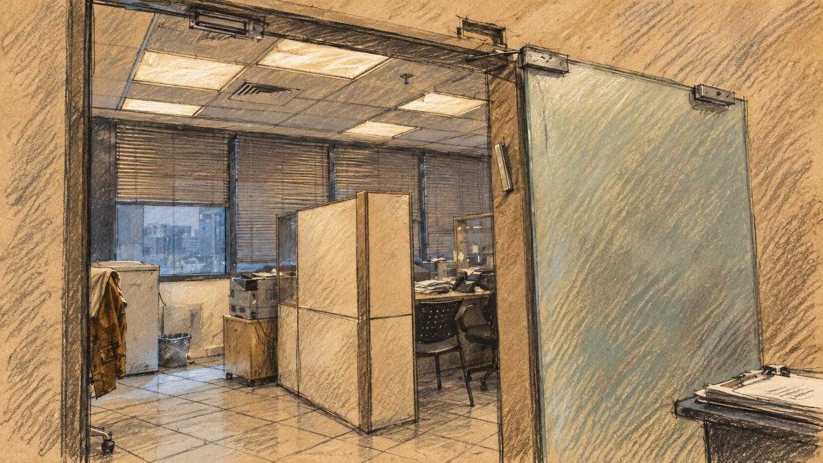 Courtroom-sketch editorial illustration of an archival empty visa-department office in Tel Aviv, used as context for immigration proceedings.