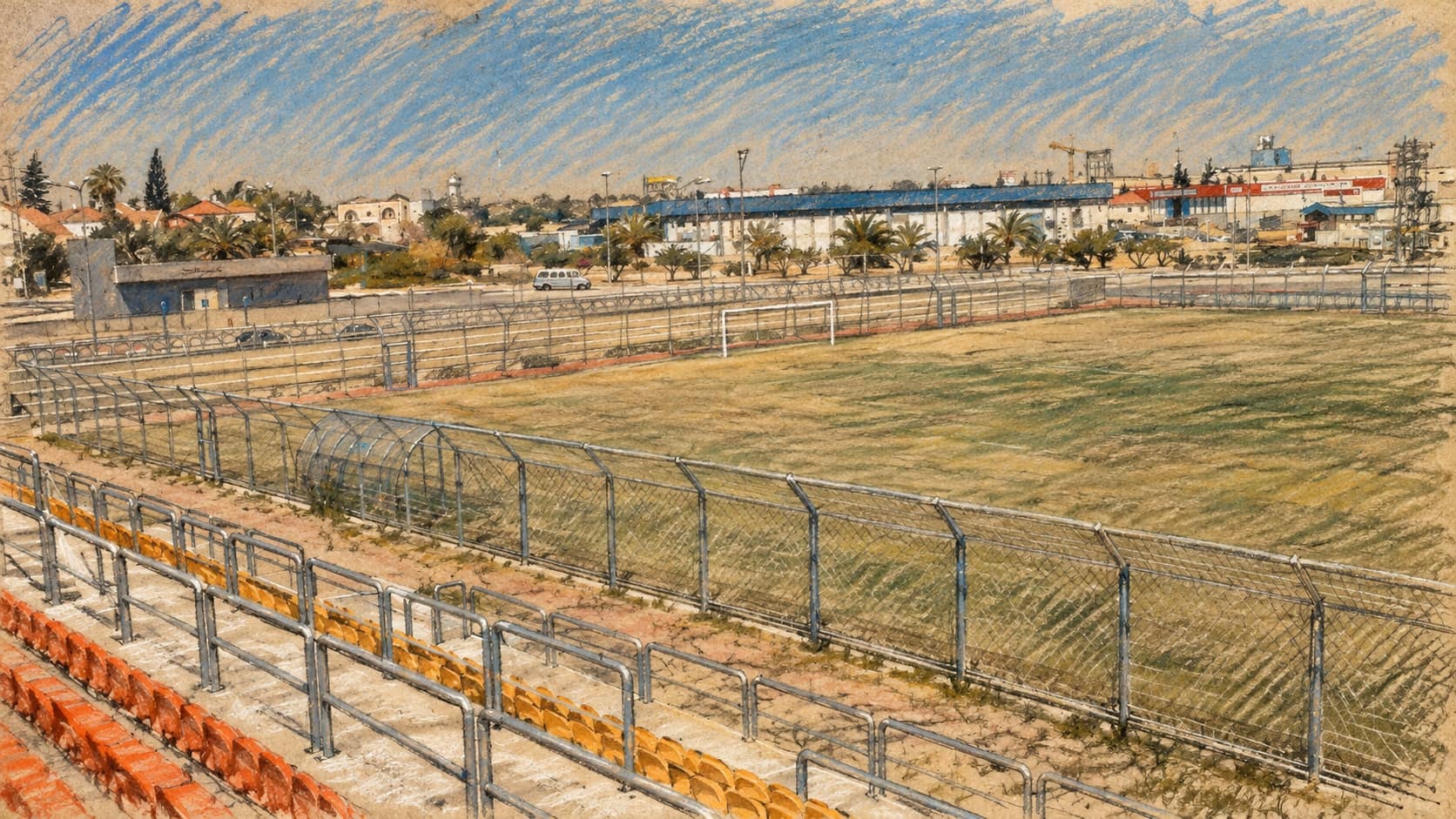 Courtroom-sketch editorial illustration of an archival view across Netivot Municipal Stadium toward the city; contextual city view, not the blast scene