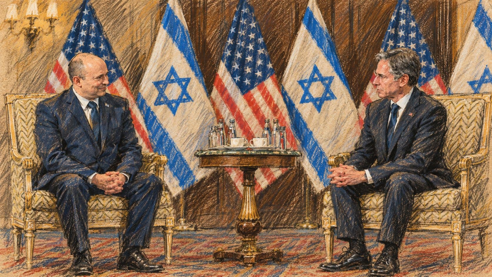 Courtroom-sketch editorial illustration of Naftali Bennett seated opposite Antony Blinken with Israeli and American flags during their archival August 2021 meeting, used as context for Bennett’s political role.