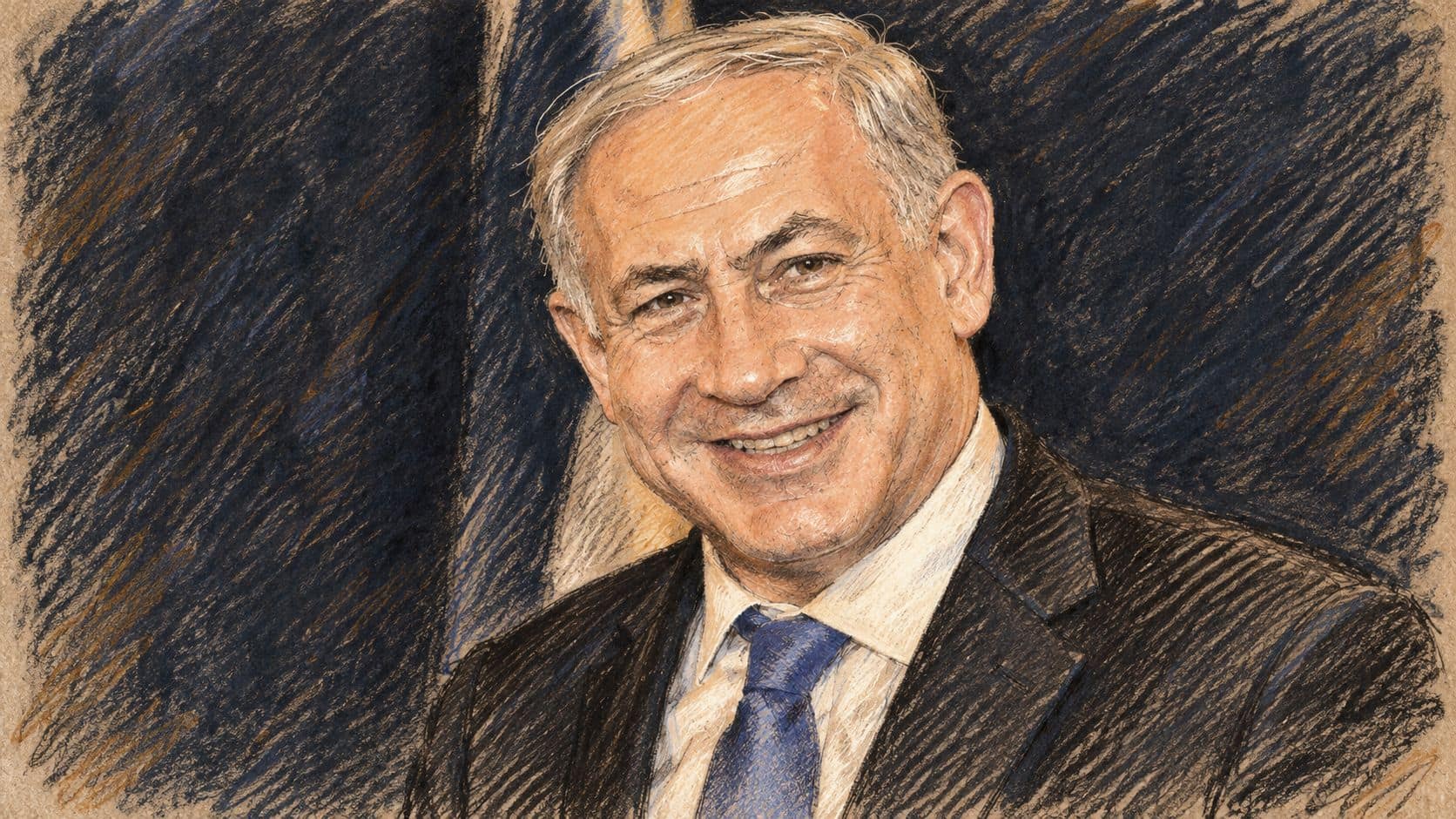 Courtroom-sketch editorial illustration of Benjamin Netanyahu in an archival 2012 portrait, shown in a dark suit and blue tie