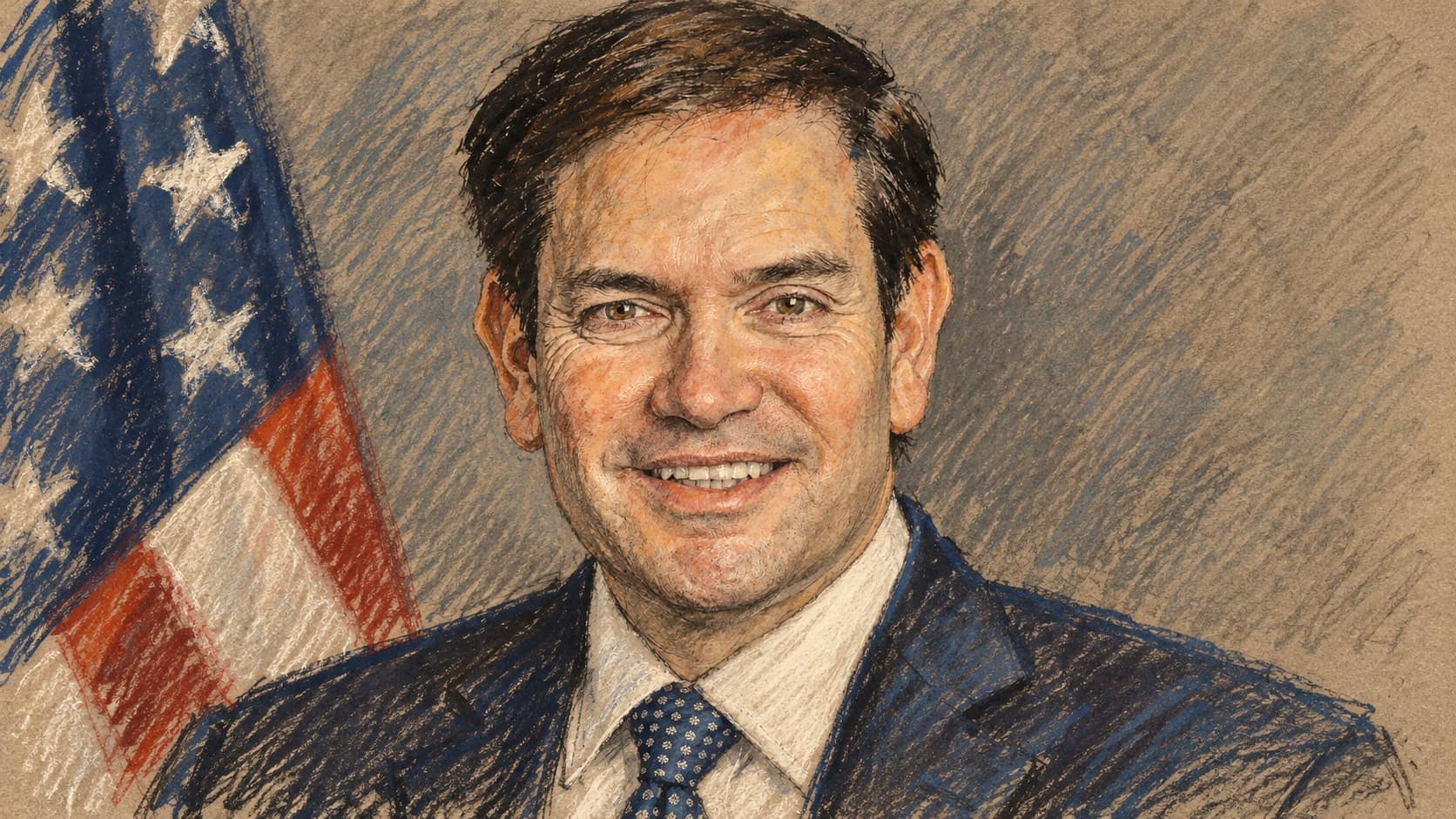 Courtroom-sketch editorial illustration of Marco Rubio in a dark suit and patterned tie with a U.S. flag at left, based on an archival January 2025 official State Department portrait, rendered in warm ochre and slate-blue pastel strokes; contextual portrait, not a depiction of the October 2026 telephone call.