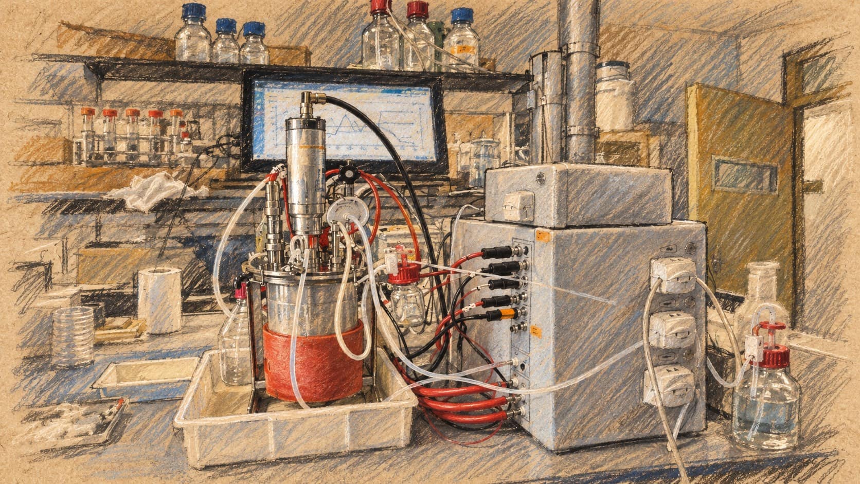 Courtroom-sketch editorial illustration of a benchtop bioreactor with tubing, control equipment and reagent bottles; contextual laboratory equipment, not Scinai's facilities or the financing agreements.