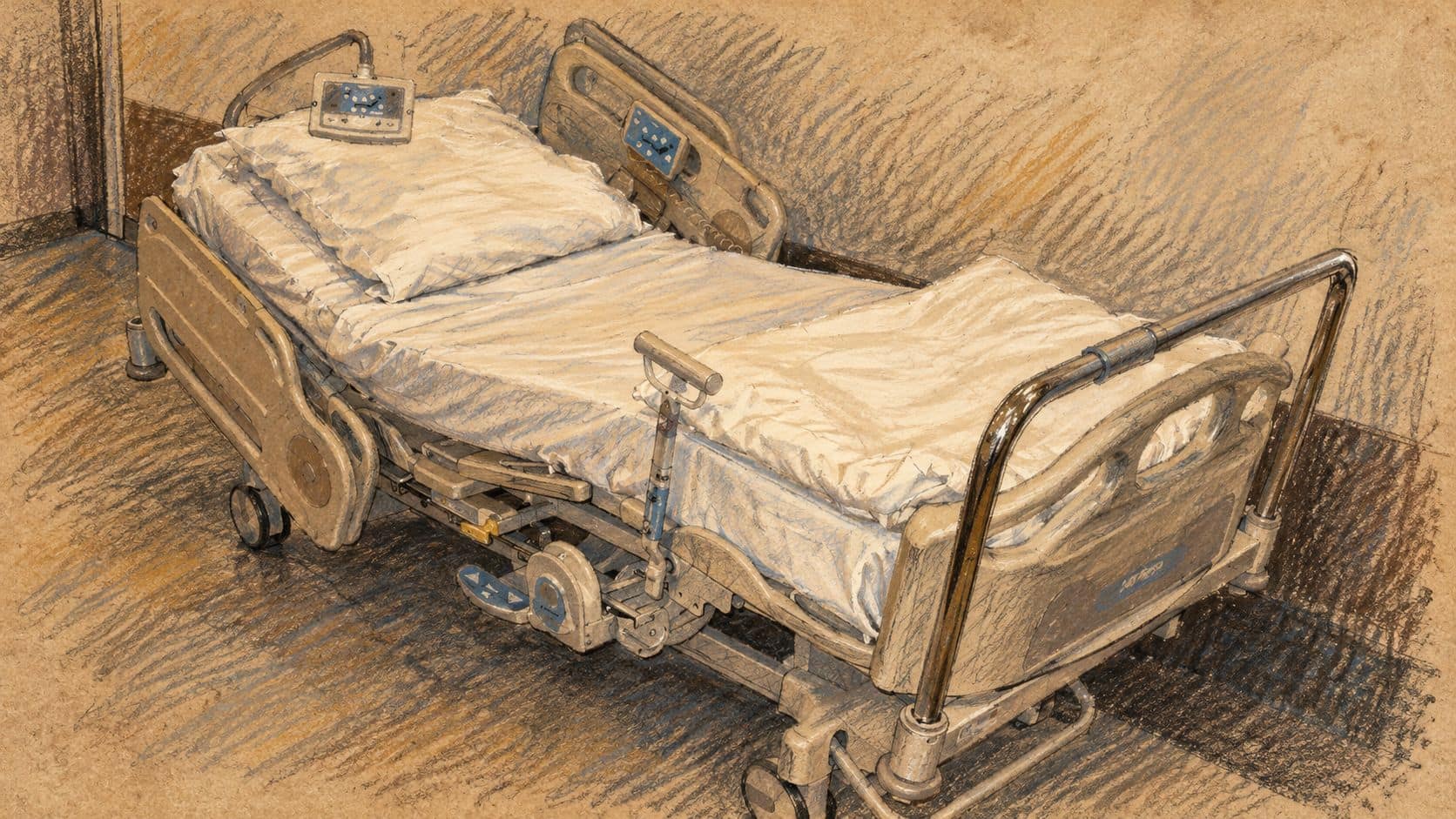 Courtroom-sketch editorial illustration of an empty adjustable hospital bed with white bedding and raised rails, used as archival hospital-care context rather than a depiction of the infant or Shaare Zedek.