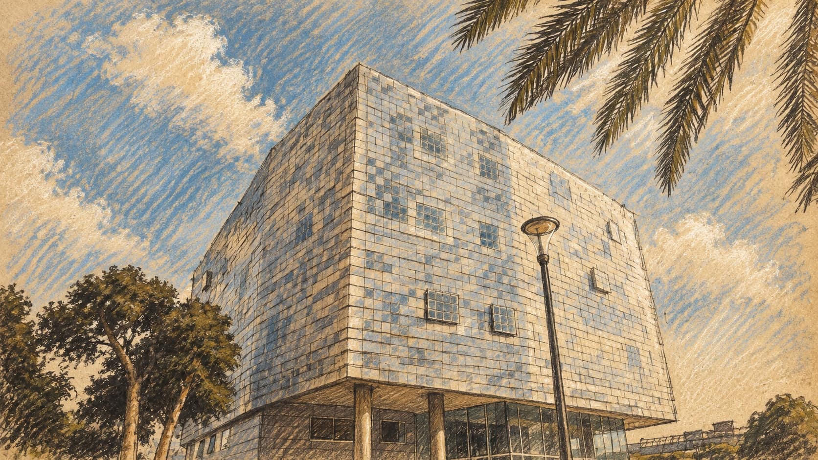 Courtroom-sketch editorial illustration of an archival Tel Aviv University campus building with palm leaves, trees and a street lamp; institutional context, not a depiction of the disciplinary hearing