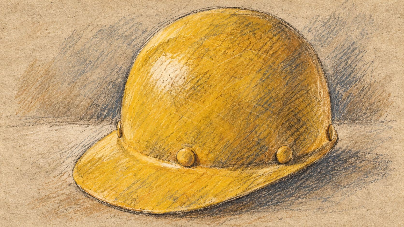 Courtroom-sketch editorial illustration of a yellow industrial hard hat resting on a plain surface, a contextual occupational-safety object rather than a depiction of the Kiryat Gat incident.