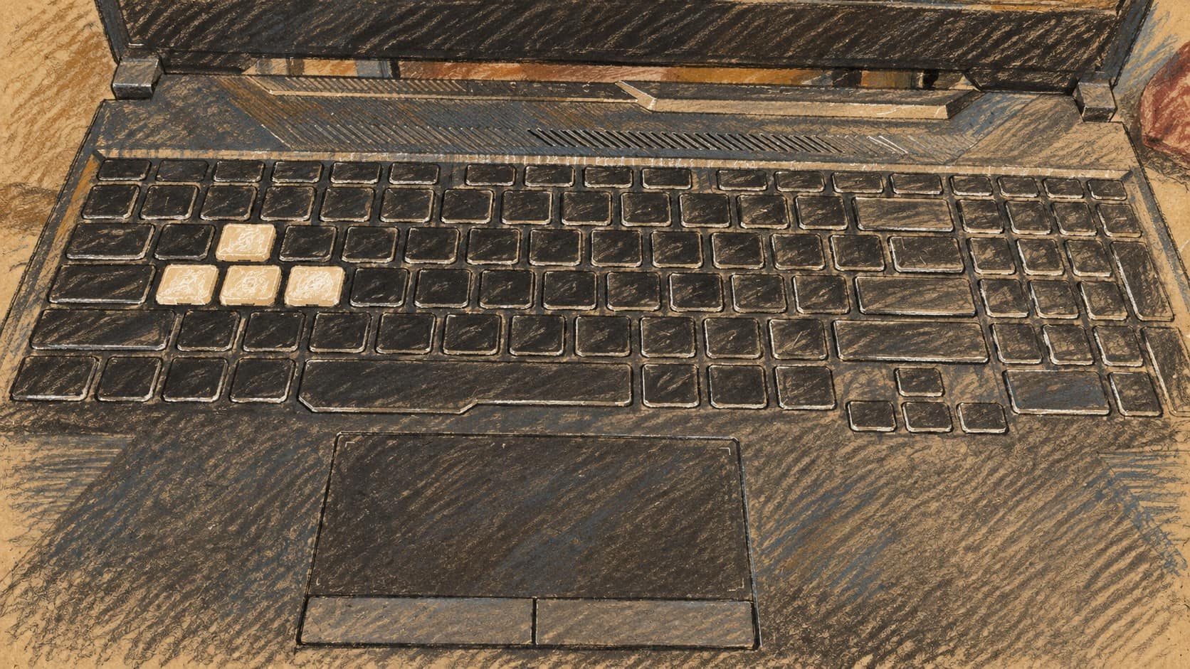 Courtroom-sketch editorial illustration of an archival close-up of a laptop keyboard and touchpad, used as workplace-technology context for Zenzap's funding disclosure.