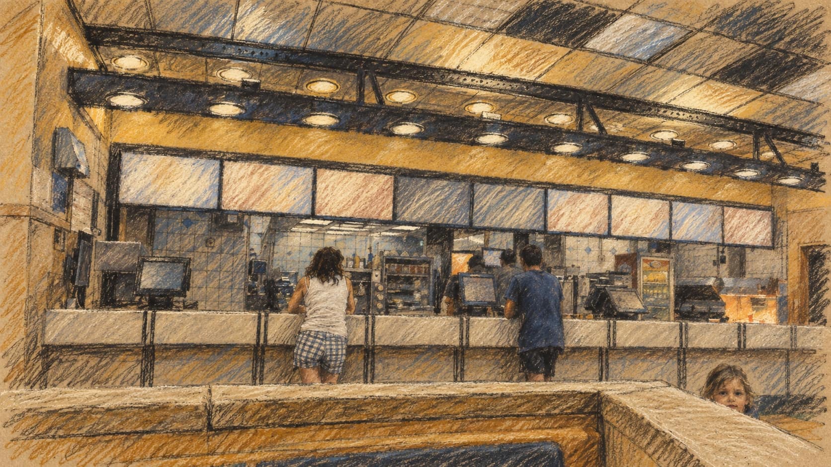 Courtroom-sketch editorial illustration of an archival Jerusalem fast-food restaurant interior, showing customers at a service counter and a wooden booth partition; contextual restaurant scene.
